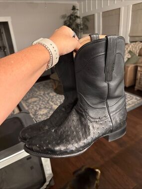 Tecovas Black Leather Ostrich-Texture Western Boots